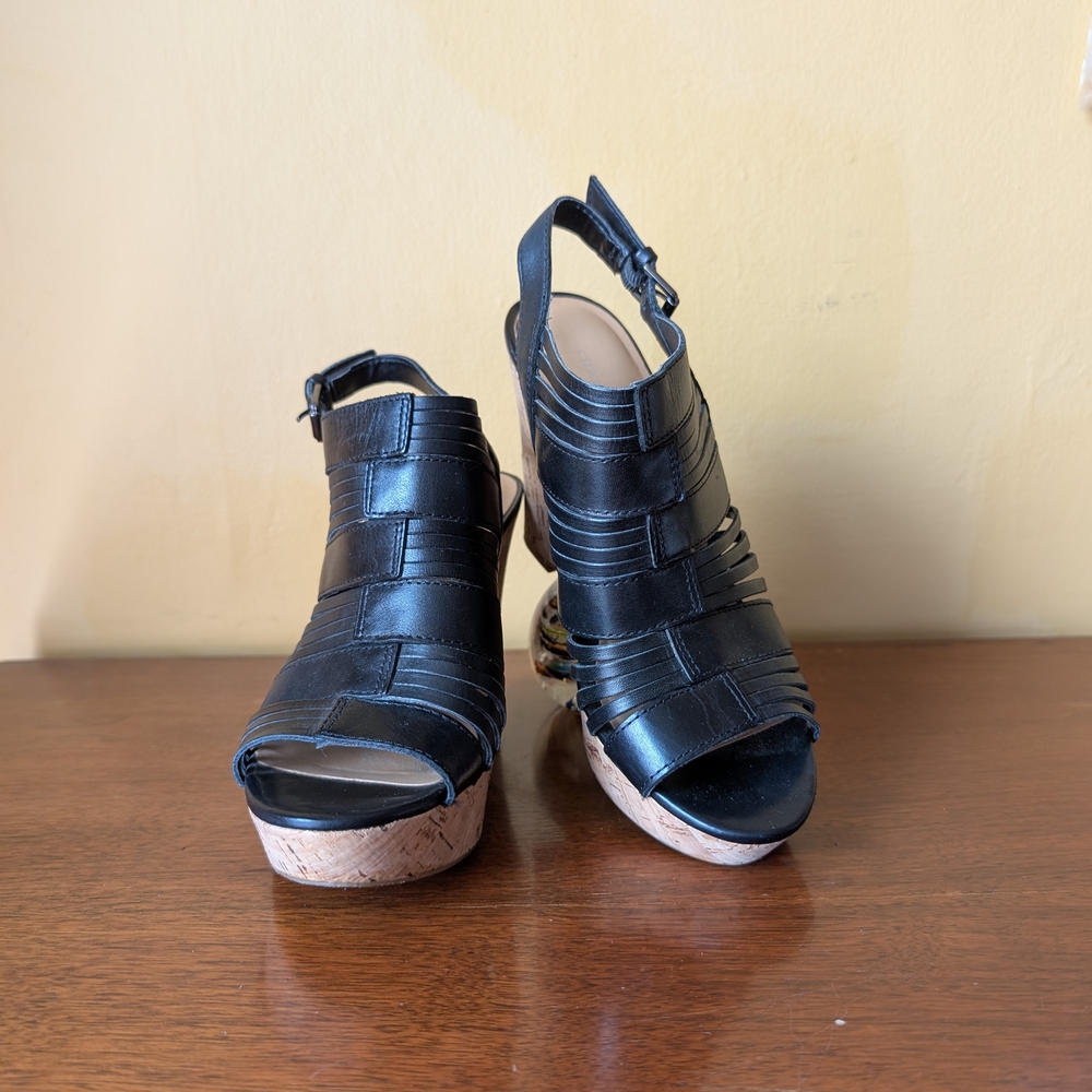 Franco Sarto Wmns 'Sharp' Sandal US Sz 6.5W Black Leather Wedge Cork Platform